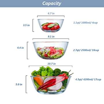 WhiteRhino Glass Mixing Bowls with Lids Set of 3（4.5QT,2.7QT, 1.1QT, Large Kitchen Salad Bowls, Space-Saving Nesting Bowls, Round Glass Serving Bowls for Cooking,Baking,Prepping,Dishwasher Safe