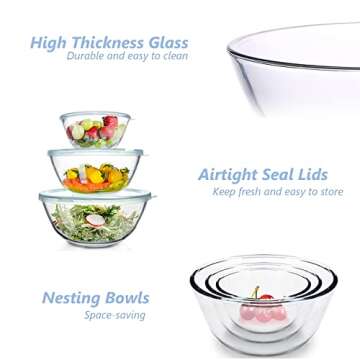 WhiteRhino Glass Mixing Bowls with Lids Set of 3（4.5QT,2.7QT, 1.1QT, Large Kitchen Salad Bowls, Space-Saving Nesting Bowls, Round Glass Serving Bowls for Cooking,Baking,Prepping,Dishwasher Safe