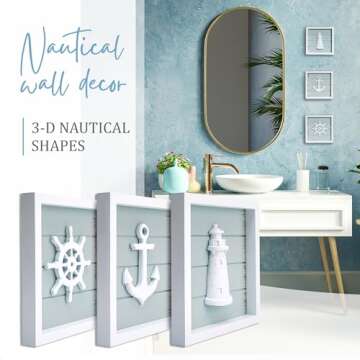 TideAndTales 3D Nautical Wall Decor (7"x7"), Coastal Theme Home Decorations with Anchor, Lighthouse and Ship Wheel, Rustic Ocean Inspired Bathroom Decor - Nautical Gifts - Framed Set of 3