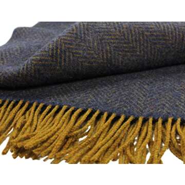 Premium Irish Cashmere & Merino Wool Blend Throw Blanket, 54" x 71 Inches, Soft Warm Feel, Imported from Ireland, Rich Classic Herringbone Pattern, Blue & Gold