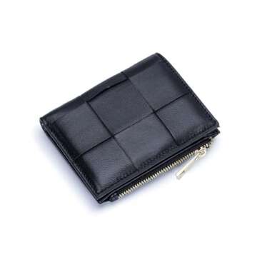 Leheybia 1 Pcs Leather Woven Wallet Card Wallet Credit Card Wallet Card Holder Zipper Card Cases Holder for Men And Women（Black）