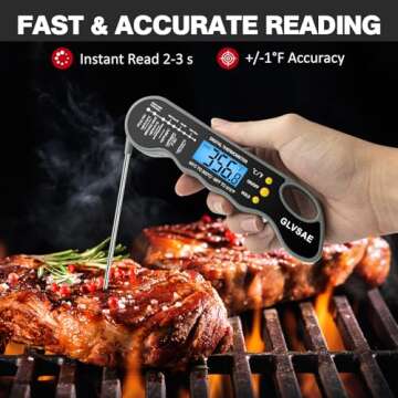 Waterproof Digital Instant Read Meat Thermometer with 4.6” Folding Probe Backlight & Calibration Function for Cooking Food Candy, BBQ Grill, Liquids,Beef by GLVSAE