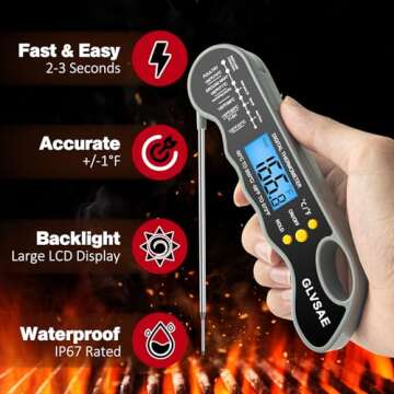 Waterproof Digital Instant Read Meat Thermometer with 4.6” Folding Probe Backlight & Calibration Function for Cooking Food Candy, BBQ Grill, Liquids,Beef by GLVSAE