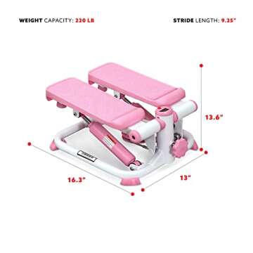 Sunny Health & Fitness Mini Stepper for Exercise Low-Impact Stair Step Cardio Equipment with Resistance Bands, Digital Monitor, Up Down Pink - P2000