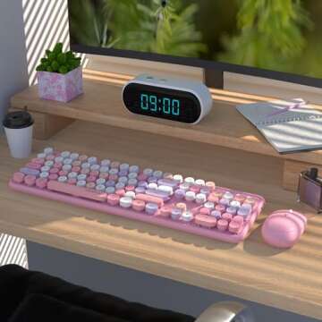 UBOTIE Colorful Computer Wireless Keyboard Mice Combo, Retro Typewriter Flexible Keys Office Full-Sized Keyboard, 2.4GHz Dropout-Free Connection and Optical Mouse (Pink-Colorful)