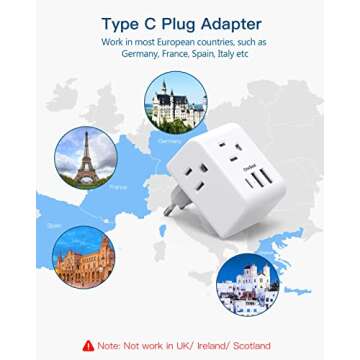 2 Pack European Travel Plug Adapter, International Power Plug Adapter with 3 Outlets 3 USB Charging Ports(1 USB C), Type C Plug Adapter Travel Essentials to Most Europe EU Spain Italy France Germany