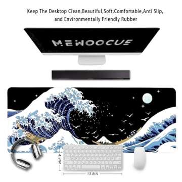 MEWOOCUE® Gaming Mouse Pad for Desk,Large Wave Mousepad Laptop,Black Japanese Anime Mouse Mat,Long XXL Waterproof Keyboard Pads,Big Non-Slip Mousepads for Game Office Home（31.5 x 11.9 in）