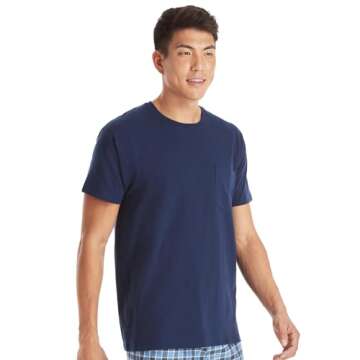 Hanes Men's T-Shirt, Moisture-Wicking Cotton Crewneck Pocket Tees, 6-Pack, Grey Heather, Black, Hiker Green Heather, White, Navy, Blue Heather