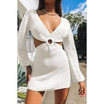 LILLUSORY Bathing Suit Cover Up Coverup Women's 2023 Summer Bikini Swim Beach Swimwear Spring Long Sleeve Sexy Crochet Dresses Vacation Outfits White