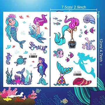 Konsait Glitter Temporary Tattoo for Girls, 24 Sheets Butterfly Mermaid Fairy Flowers Tattoo Stickers for Kids, Waterproof Fake Tattoos for Birthday Party Favors Goodie Bags Stuffers Party Fillers