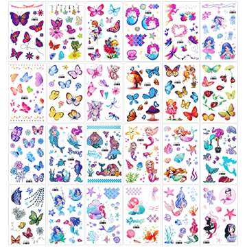 Konsait Glitter Temporary Tattoo for Girls, 24 Sheets Butterfly Mermaid Fairy Flowers Tattoo Stickers for Kids, Waterproof Fake Tattoos for Birthday Party Favors Goodie Bags Stuffers Party Fillers