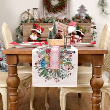 ARKENY Christmas Table Runner 13x72 Inches,Nutcracker Flower Tree Winter Seasonal Burlap Pink Diamond Farmhouse Indoor Kitchen Dining Table Holiday Decoration for Home Party AT479-72