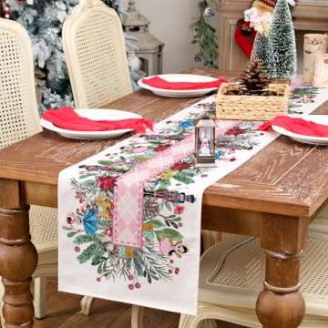 ARKENY Christmas Table Runner 13x72 Inches,Nutcracker Flower Tree Winter Seasonal Burlap Pink Diamond Farmhouse Indoor Kitchen Dining Table Holiday Decoration for Home Party AT479-72