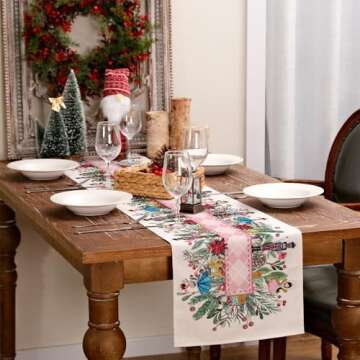 ARKENY Christmas Table Runner 13x72 Inches,Nutcracker Flower Tree Winter Seasonal Burlap Pink Diamond Farmhouse Indoor Kitchen Dining Table Holiday Decoration for Home Party AT479-72