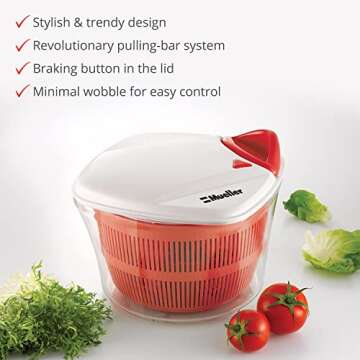 MUELLER Large 5L Salad Spinner Vegetable Washer with Bowl, Anti-Wobble Tech, Lockable Colander Basket and Smart Lock Lid - Lettuce Washer and Dryer - Easy Water Drain System and Compact Storage