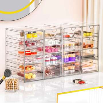 YFXCVSL Acrylic Makeup Organizer with 19 Drawers, 4 Pack Clear Storage Drawers, Bathroom Makeup Organizer for Palettes, Cosmetic, and Beauty Supplies,Ideal for Vanity, Cabinet,Desk Organization