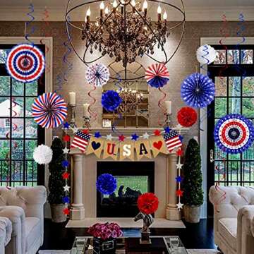 26Pcs Patriotic Decorations 4th of July Decor - LOVE USA Banner Red White Blue Paper Fans Star Streamer Pom Poms Hanging Swirls for Veterans day,Labor Day,Presidents Day,Flag Day