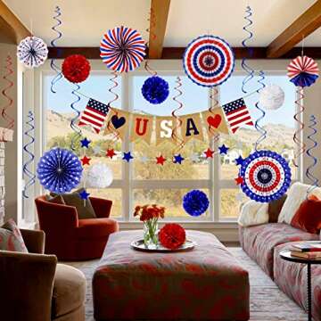 26Pcs Patriotic Decorations 4th of July Decor - LOVE USA Banner Red White Blue Paper Fans Star Streamer Pom Poms Hanging Swirls for Veterans day,Labor Day,Presidents Day,Flag Day