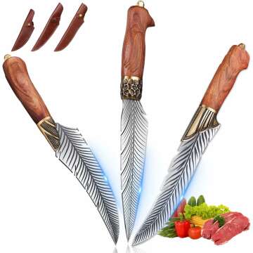 ROCOCO 3 Pcs Japanese Sharp Viking Feather Butcher Boning Obsidian Knives Forged in Fire with Sheath for Outdoor Camping BBQ Valentine's Day Gift