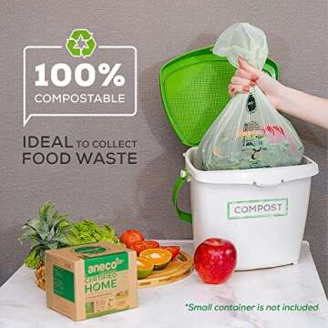 ANECO 100% Compostable Waste Bags 2.6 Gallon, Extra Thick Kitchen Small Compost Bags for Countertop Bin (100 Count)