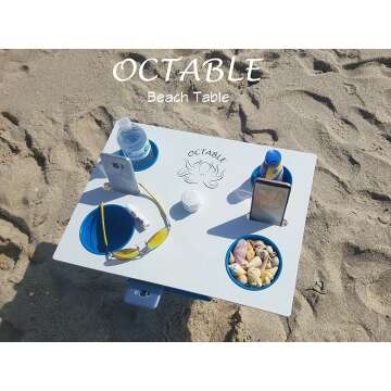 Octable Beach Table, Portable, Lightweight, Sturdy, Holds All Your Beach Gear, Perfect for The Beach, Now Comes with 8" Extender for Added Height. Other Accessories Avail.