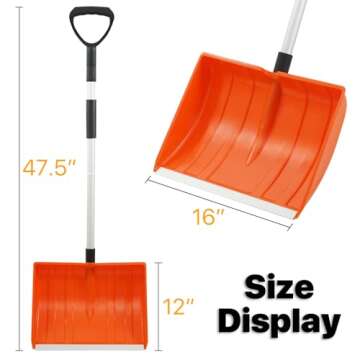 Snow Shovel, 47.5 inch Snow Shovels for Driveway with D-Grip Handle, Heavy Duty 16-inch Wide Snow Shovels for Snow Removal with Aluminum Strip Scoop, Plastic Compact Snow Shovel for Car, Outdoor