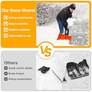 Snow Shovel, 47.5 inch Snow Shovels for Driveway with D-Grip Handle, Heavy Duty 16-inch Wide Snow Shovels for Snow Removal with Aluminum Strip Scoop, Plastic Compact Snow Shovel for Car, Outdoor