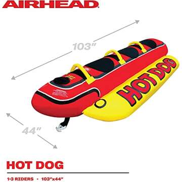 Airhead Hot Dog Towable | 1-3 Rider Tube for boating and Water Sports, Neoprene Seat Pads, Double-Stitched Full Nylon Cover, and Boston Valve for Convenient Inflating & Deflating