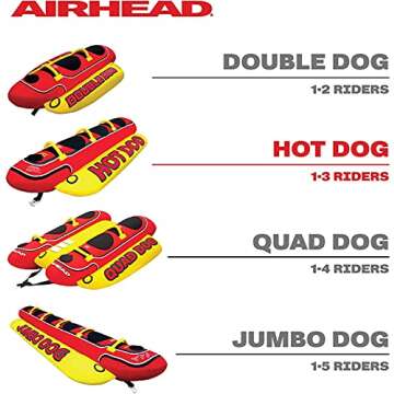 Airhead Hot Dog Towable | 1-3 Rider Tube for boating and Water Sports, Neoprene Seat Pads, Double-Stitched Full Nylon Cover, and Boston Valve for Convenient Inflating & Deflating