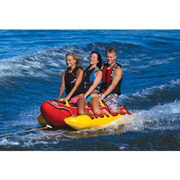 Airhead Hot Dog Towable | 1-3 Rider Tube for boating and Water Sports, Neoprene Seat Pads, Double-Stitched Full Nylon Cover, and Boston Valve for Convenient Inflating & Deflating