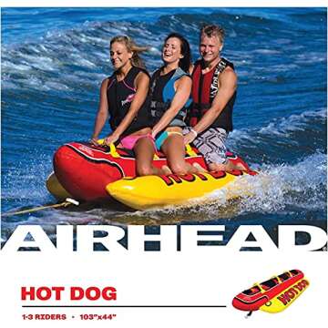 Airhead Hot Dog Towable | 1-3 Rider Tube for boating and Water Sports, Neoprene Seat Pads, Double-Stitched Full Nylon Cover, and Boston Valve for Convenient Inflating & Deflating