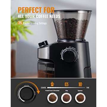 SHARDOR Burr Coffee Grinder Electric with 25 Grinding Sizes, Coffee Bean Grinder with 40 Seconds Adjustable Electronic Timer, Coffee Grinders for Home Use, Black