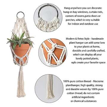 Boho Macrame Plant Hangers - Handmade Hemp Rope Hanging Baskets for Indoor Plants with Ceiling Hooks, Bohemian Home Decor Outdoor Wall Art