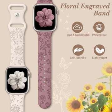 6 Pack Floral Engraved Silicone Bands Compatible for Apple Watch Band 38mm 40mm 41mm 42mm 44mm 45mm 46mm 49mm Women,Flower Sport Straps for iWatch Series 10 9 8 se Ultra 7 6 5 4 3 Patenting