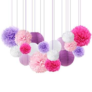 Purple Themed Hanging Tissue Paper Centerpieces Pom Poms Flowers DIY Craft Supplies Birthday Party Decorations Decor Set of 18