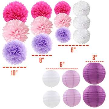 Purple Themed Hanging Tissue Paper Centerpieces Pom Poms Flowers DIY Craft Supplies Birthday Party Decorations Decor Set of 18