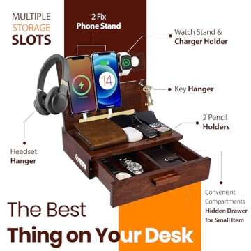 Gifts for Men Women Dad Husband Boyfriend Wooden Docking Station, Nightstand Charging Organizer and Cell Phone Stand, Wood Phone Docking Stations Ideas for Birthday, Christmas, and Valentine's Day