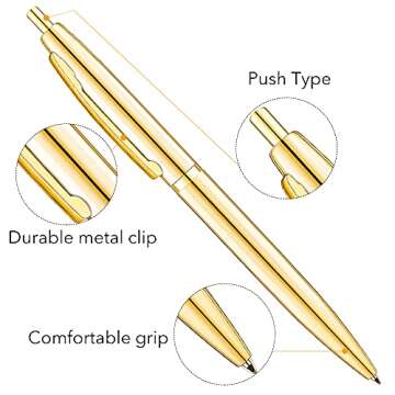 Unibene 6 Pack Gold Click Ballpoint Pens - Black ink Medium Point(1 mm), Metallic Retractable Pen Nice Gift for Business Office Students Teachers Wedding Christmas