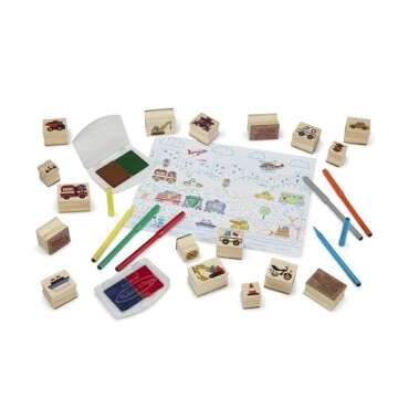 Melissa & Doug Deluxe Wooden Stamp and Coloring Set – Vehicles (30 Stamps, 6 Markers, 2 Durable 2-Color Stamp Pads)