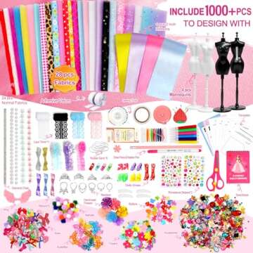 Axirata 1000+PCS Fashion Designer Kit for Girls Creativity DIY Arts & Crafts Kit for Kids with Fashion Design Sketchbook, 4 Mannequins, Sewing Kit for Teen Girls Birthday Gift Age 6 7 8 9 10 11 12+