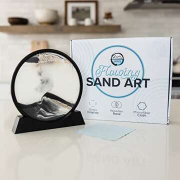 A Mindful Office Moving Sand Art Decor (10 Inch) - Perpetual Motion Desk Toy Brings Uniquely Relaxing Vibe to Your Home Round Glass Frame with Black, White and Gold Liquid sandart12inchbwg 12 Inch