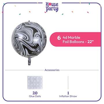 HOUSE OF PARTY 4D Sphere Balloons Pack of 6 - Marble Foil Balloons 22 Inches Mylar Balloons with Pattern Design for Party Decorations