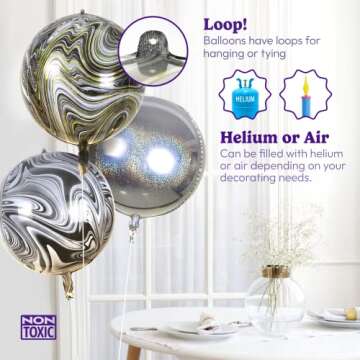 HOUSE OF PARTY 4D Sphere Balloons Pack of 6 - Marble Foil Balloons 22 Inches Mylar Balloons with Pattern Design for Party Decorations