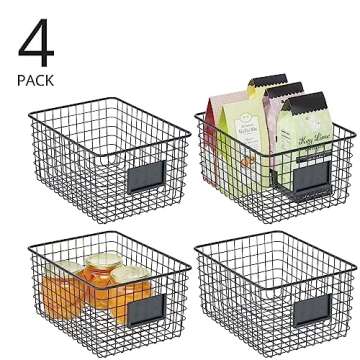 mDesign Large Steel Storage Organizer Bin Baskets with Label Slot for Kitchen Pantry, Cabinet, Cupboard, Organizing Holder for Food, Drinks, Snacks, Produce, Omaha Collection, 4 Pack, Matte Black