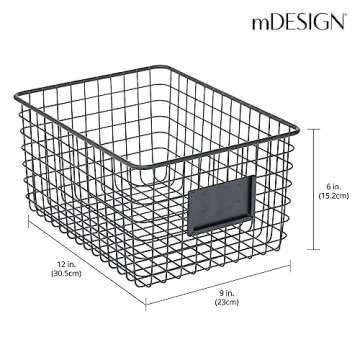 mDesign Large Steel Storage Organizer Bin Baskets with Label Slot for Kitchen Pantry, Cabinet, Cupboard, Organizing Holder for Food, Drinks, Snacks, Produce, Omaha Collection, 4 Pack, Matte Black