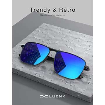 LUENX Men Rectangular Polarized Sunglasses Square Retro Shades - Black Frame Dark Blue Mirror Lens 59mm