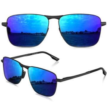 LUENX Men Rectangular Polarized Sunglasses Square Retro Shades - Black Frame Dark Blue Mirror Lens 59mm