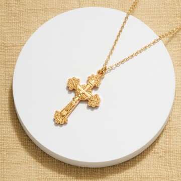 Fettero Crucifix Necklace Gold Faith Cross Pendant Vintage 14K Gold Plated Dainty Chain Minimalist Simple God Lords Prayer Religious Jewelry