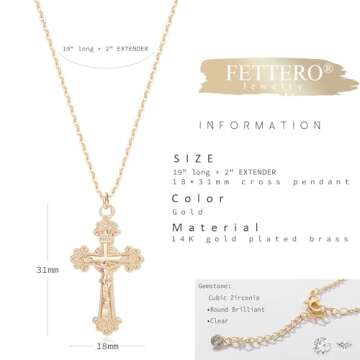 Fettero Crucifix Necklace Gold Faith Cross Pendant Vintage 14K Gold Plated Dainty Chain Minimalist Simple God Lords Prayer Religious Jewelry