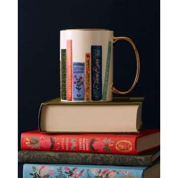 RIFLE PAPER CO. Festive Book Club Porcelain Mug for Festive Occasions and Gatherings with Holiday-Themed Design, Gift For Friends and Family During the Winter Holidays (MUX007)